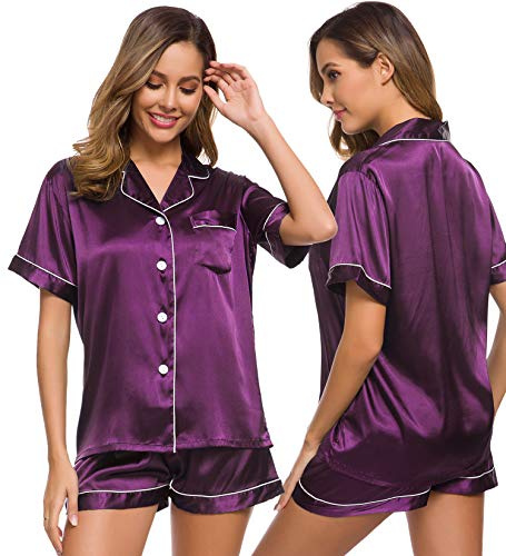 SWOMOG Womens Silk Satin Pajamas Set Two-Piece Pj Sets Sleepwear Loungewear Button-Down Pj Sets Purple
