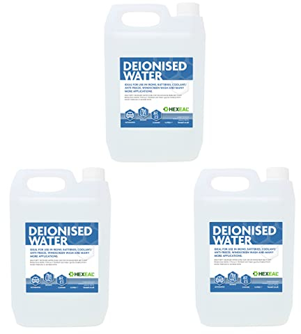 Hexeal Deionised Water 15L – 3 x 5L of Deionised Water for Steam Irons, Car Batteries, Windscreen Fluid & Antifreeze – Demineralised Water, Reduces Limescale Deposits & Water Stains – For Lab Use