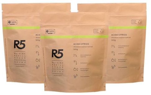 R5, Acido Citrico in Polvere, 1.5 kg, Anticalcare Multiuso, Disincrostante, Brillantante e Ammorbidente, Inodore, Plastic Negative Certified con Repurpose Global, 3 Confezioni da 500 g