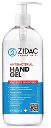 Zidac 12 x 500ml 70% Alcohol Hand Gel - Hospital Grade Hand Sanitiser - Pump Bottle- British Manufactured with Safety Certificates