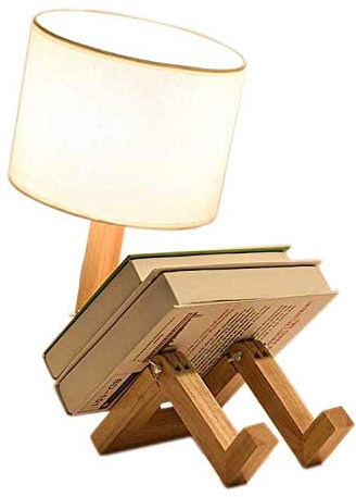 Liseuse De Nuit Lampe De Table Robot Lampe De Chevet En Bois Avec Étagère Réglable Créative Avec Abat-Jour En Tissu Et Source De Lumière E27 - Éclairage Décoratif Pour Le Bureau De La Chambre Des Enfa