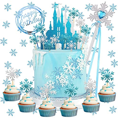 Eiskönigin Tortendeko, Schneeflocken Tortendeko mit Schloss Schneeflocke Konfetti Weiß Silber,Kuchen Topper Glitter,Geburtstag Tortendeko Mädchen,hochzeitstorte Cake Topper, Weihnachten Kuchendeko