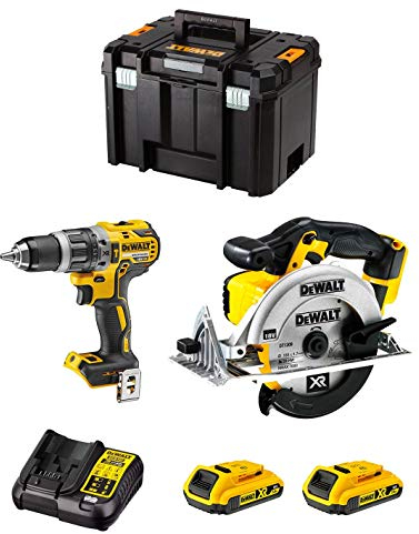 DeWALT Kit DWK201 (Taladro Percutor DCD796 + Sierra Circular DCS391 + 2 Baterías de 2,0 Ah + Cargador + TSTAK VI)