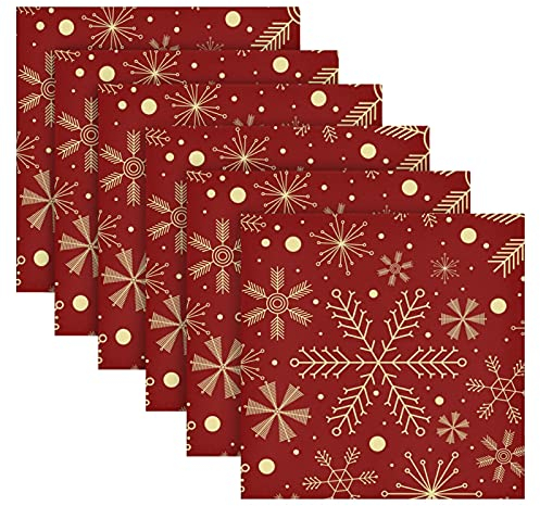 Servietten, quadratisch, Polyester, Motiv Schneeflocken auf dunkelrotem Hintergrund, 6 Stück