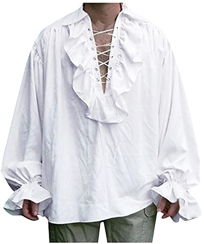 JJPAR Chemise Gothique pour Hommes Steampunk Collier et Lacet Avant Costume Pirate Homme Sweat-Shirt Manches Longues pour Chevalier Medieval Pull Manteau de Marche Victorien Cosplay