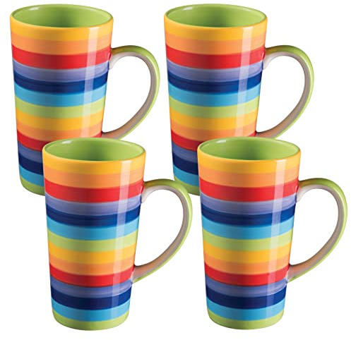Purity Style Set of 4 Rainbow Strip Tall/Large Hot Chocolate, Latte, Tea, Coffee, Cappuccino Tall Mug 500ml