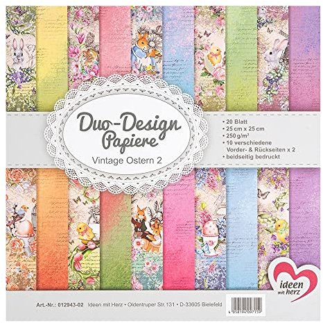 Ideen mit Herz Duo-Design-Papiere | Block mit 20 Blatt Bastelpapier | 25 x 25 cm | 250g/m² | beidseitig bedruckt | Designpapier, Motivpapier | ideal für Scrapbooking, Basteln (Vintage Ostern 02)