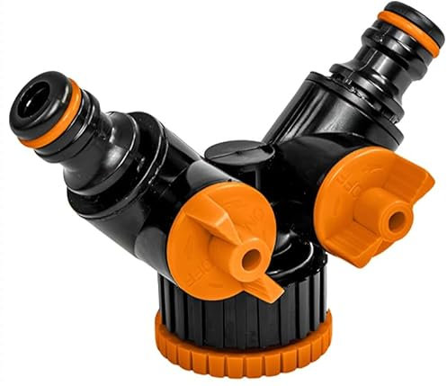 2-Wege Y-Wasserverteiler mit Absperrhähnen 1 Zoll Innengewinde mit 3/4 Zoll Reduktion – Anschlussstück für Gartenschlauch Schnellkupplung