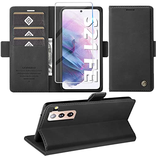 Giyer Handyhülle für Samsung Galaxy S21 FE 5G Hülle mit Panzerglas Schutzfolie, Standfunktion Kartenfach Wallet Premium Leder Schutzhülle Flip Case Cover Stoßfeste Klapphülle 6,41 Zoll, black