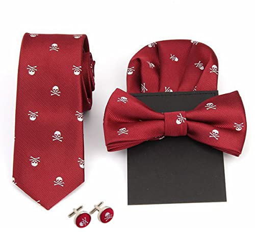 WANYING Herren 6cm Krawatte & Gebundene Fliege & Einstecktuch & Manschettenknöpfe 4 in 1 Set Yuppie Trendmode Casual Cool - Totenkopf Pattern Bordeaux Rot