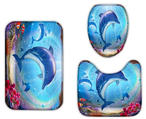 Korallenriff Badezimmermatten und Teppiche 3-Teiligs Set Delfin Flanell Memory Foam rutschfeste Matten und Badteppich,Unterwasserwelt Toilettendeckelabdeckung,Badvorleger Badgarnitur WC Vorleger