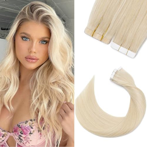 Silk-co Tape in Extensions Echthaar 20stk, leicht Version Tape Extensions Echthaar, Remy Haarextensions Tape in Haarverlängerung Kleber Skin Weft 20g 60# Platinblond 25cm