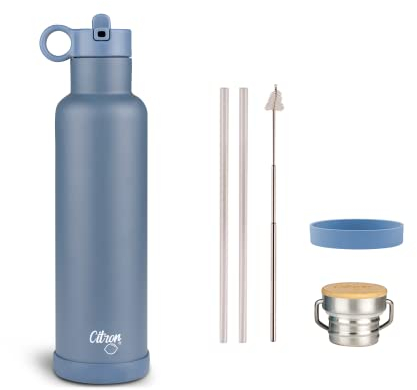 Citron Insulated Water Bottle Stainless Steel, Blue – 750ml, BPA & Lead-Free, Leak Proof Straw/Flask Lids – Keeps Liquids Cold for 24 Hours & Hot for 12 Hours - 25.36 oz