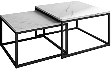 lukmebel Yoshi LEVANTO 2-In-1 Couchtisch Set Aus Zwei Tischen Metallfuß Matt Quadratische Arbeitsplatte 60x60x40 70x70x46 Marmor Levanto mit schwarzem Gestell