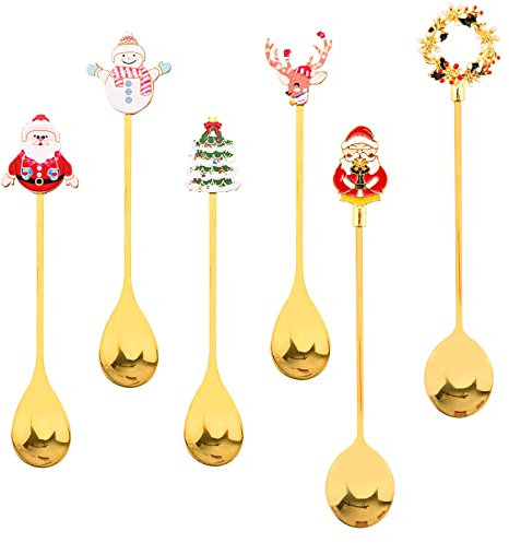 6 Pcs Christmas Coffee Spoon Stainless Steel Christmas Spoon Xmas Dessert Tea Spoons with Reindeer Santa Christmas Tree Snowman for Coffee Dessert Ice Cream Sundae (Color A)