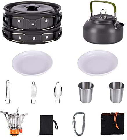 YIDESKY Camping Kochgeschirr Set, Outdoor Kochgeschirr Mit Mini Campingkocher, Kochtöpfe, Pfanne, 2 Edelstahlbechern+Faltbare Besteck Camping Kochset,für Rucksackreisen, Wandern (15-teiliges)