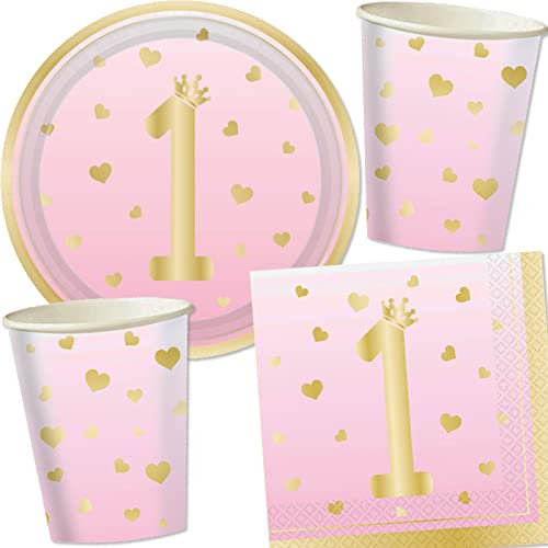 33-teiliges Party Set * PINK Ombre * für 1. Geburtstag eines Mädchen | mit Pappteller + Servietten + Becher + Luftballons | Deko Rosa Dekoration Partydeko Kindergeburtstag