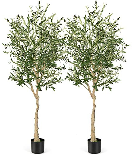 COSTWAY Lot de 2 Plantes Artificielles en Pot Hauteur 185CM, Olivier Artificiel 1296 Feuilles en Soie 72 Fruits avec Base de Ciment Décoration pour Maison Cour et Jardin