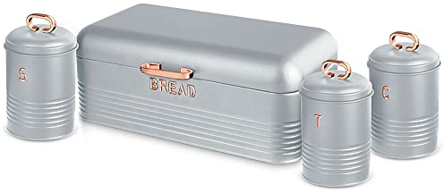 Berlinger Haus Moonlight Panera de Mesa + Juego de 3 Botes Cocina Almacenaje, Acero Inoxidable Resistente, Contenedor para Almacenamiento Pan y Bollería con Tapa, Gris/Oro Rosa