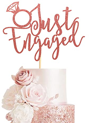 Arthsdite Just Engaged Cake Topper for Engagement Party Decorations, Engaged Ring Sign, Bridal Shower We're Engaged Cake Toppers - Rose Gold Glitter