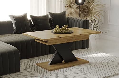 Endo-Moebel Couchtisch Ilo 110-140 cm Esstisch erweiterbar Akzentstreifen in Schwarz Wohnzimmertisch (Artisan Eiche)