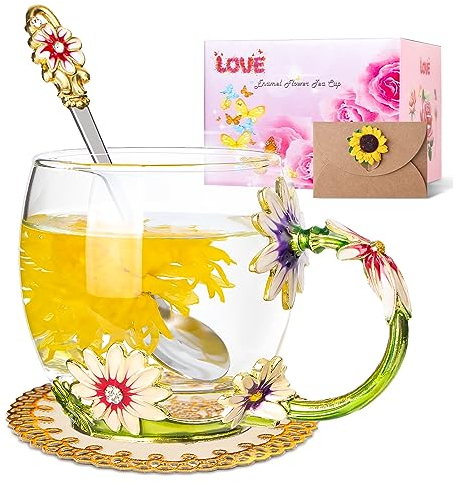 Homtibrm Birthday Gifts for Women Her Mom Teacher Friends Enamel Flower Tea Cup Glass Coffee Mug Gifts for Women Birthday,Mother's Day,Anniversary(330ML Green)