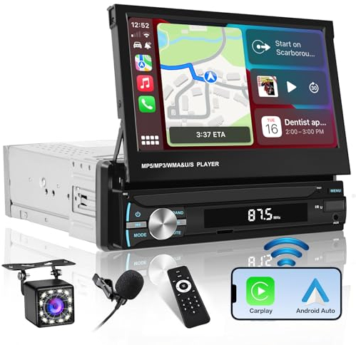 Hikity FM AM 1 Din Autoradio Wireless Carplay, Ecran Tactile Rétracté 7 Pouces Poste Radio Voiture Mains Libres Bluetooth, Android Auto, Commande au Volant, Port USB/SD/AUX-in, Caméra de Recul