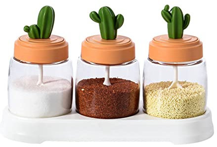 Spice Jars with Spoons, Cute Glass Spice Jars Container Kitchen Seasonning Box Set Small Powder Container with Spoon Condiment Pots(Three Bottles)