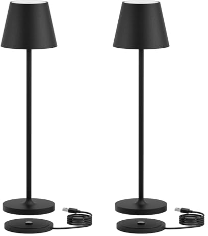 K-Bright 2 Stück 27.5cm led tischlampe | Indoor & Outdoor kleine Akku Tischleuchte | Warme Lichtfarbe | IP54 wasserdicht | tischleuchte akku mit USB Ladestation | Schwarz