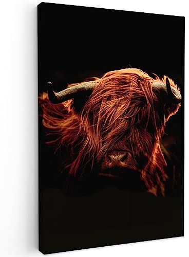 MuchoWow© Leinwand Groß 80x120 cm XXL Deko Schlafzimmer Aesthetic Leinwandbilder Wohnzimmer Gemälde Foto Geschenk Living Room Decoration Schottisches Hochlandrind - Highland Cow - Kuh Bild - Hörner