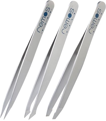 REMOS Pinzetten Set 3-teilig mit Augenbrauen-, Splitter-& Kombipinzette in Satin
