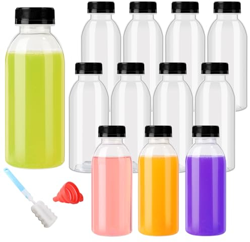 YBCPACK 12 Pack 400ml Heat-Resistant Reusable Plastic Juice Bottles with Lids - Plastic Smoothie Bottles - Empty Bulk Beverage Bottles with Caps for Milk, Juice, Beverage(Dishwasher Safe)