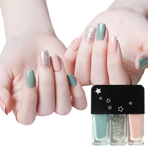 Green Glitter Nail Polish Set, 3 in 1 Quick Dry & Long Lasting Varnish, Breathable Natural No Need Cure DIY Nail Art