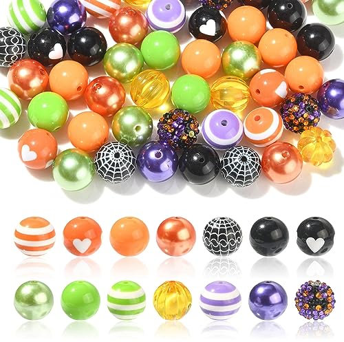Stiesy 50Pcs Random Color Halloween Beads Acrylic 20mm Round Beads Set Cobweb Heart Pattern Beads for Jewelry Making DIY Party Decoration