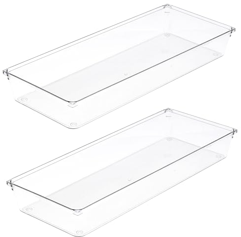 Amtido Large Drawer Organisers 2-Pack - Sturdy Clear Plastic Storage - Versatile Storage for Kitchen Cutlery, Bathroom, Utensils, Makeup, Office, and Desk Accessories (15.2cm x 38.1cm x 5.1cm)