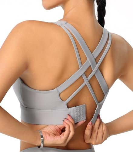 High Impact Sport-BH für Damen – überkreuzter Rücken, geformte Körbchen, Haken- und Ösenverschluss – Lauf-BH mit hoher Stützkraft, GRAU, small