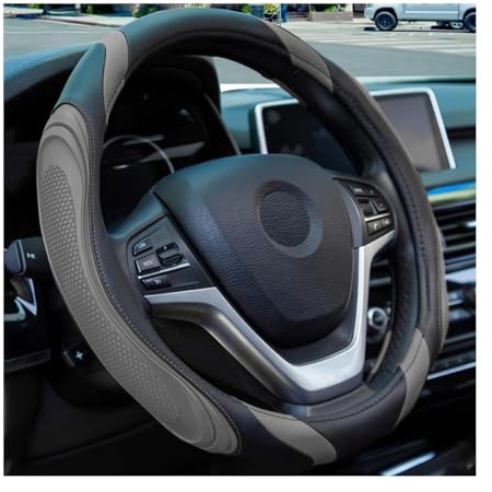 JNNJ Lenkradbezug Auto, Mikrofaser-Leder-Lenkradabdeckung, Sport Anti Rutsch Universal 38cm Lenkradbezug, Lenkrad Abdeckung Echtes Leder Breathable Anti Slip(Grau)