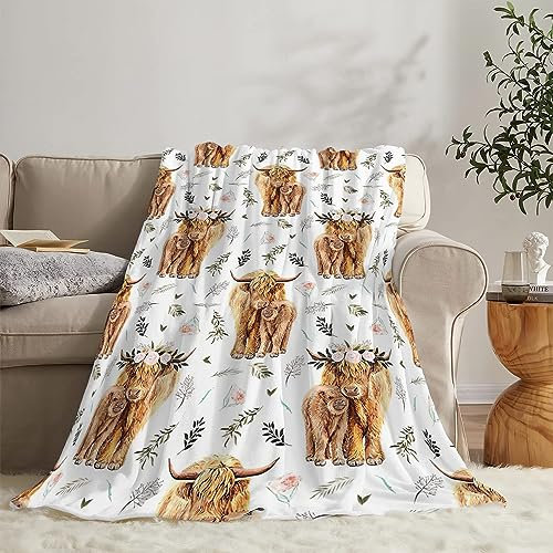 EN7JIOY Manta con estampado de vaca de las Tierras Altas y cobijas de animales de granja, manta suave y acogedora de forro polar de franela cálida para niñas, niños y adultos, sofá, viajes, 40 x 50