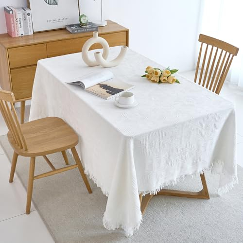 SITAKEGS Tischtuch, Rechteckige Baumwolle Leinen Tischtuch Waschbar Fransen Tischdecken mit Quaste, Ende Tischdecken Weiß Tischwäsche für Küche Essen Picknick Party Weihnachten Tabletop (130×180cm)