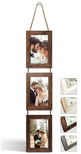 NEOWS Bilderrahmen Collage für Mehrere Bilder - Dekorative Bilderrahmenset zum Aufhängen an der Wand - Mehrfach Fotorahmen Hochformat mit Schnur für 10x15 Fotos (Altes Holz, 3 Vertikale Fotos)