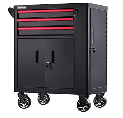 Xumh2024-3 Tool Box Tool Storage 3-Drawer Rolling Tool Cabinet - Rolling Garage Workshop Organizer - Tool Chest with Large Storage Cabinet and Side Tool Storage Cabinet, Black Toolbox for Home