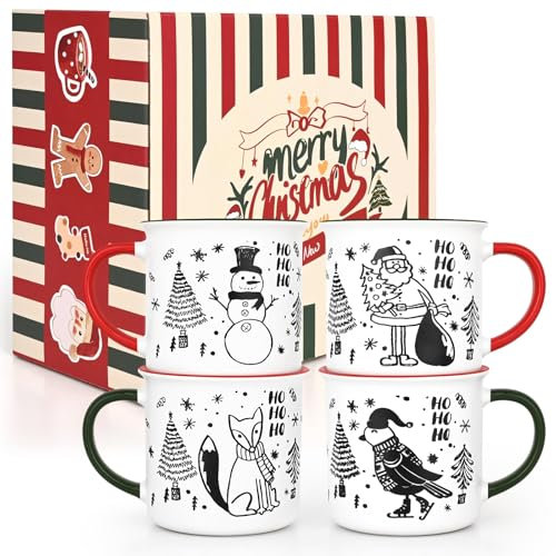 Joymaking Tazza natalizia, set da 4 tazze da caffè con motivo natalizio, per caffè, cioccolata calda, regali di Natale per amici, 370 ml