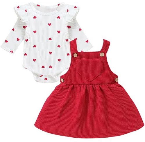 Asmea Vestiti Neonato Femmina Cuore Body Neonata Maniche Lunghe a Volant + Bretella Gonna Regalo Neonata Femmina Abbigliamento Bimba Completo San Valentino Bambina Tutina Neonato 3-6 Mesi Femmina