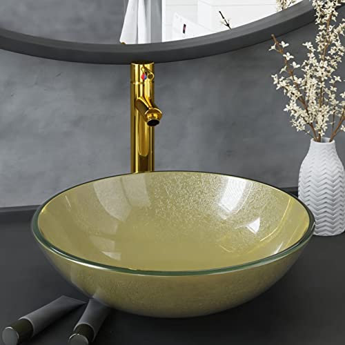 JUDYY Badezimmer Waschbecken mit Wasserhahn und Ablaufgarnitur Gold mattiertes gehärtetes Glas, Aufsatzwaschbecken, Waschtisch, Aufsatzwaschtisch, Wash Basin, Badmöbel, Bathroom Sink 3098461