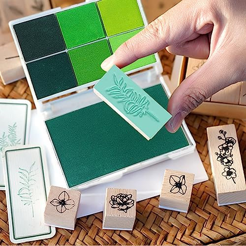 Bunte Gummistempel Kit, 14x Holz Stempel Griff + 7x Farben Stempelkissen + 21 * 14,6 cm Logo Gravur Gummiplatte, Für Handkunstwerk, Geschenkkarte (Grüne Serie)