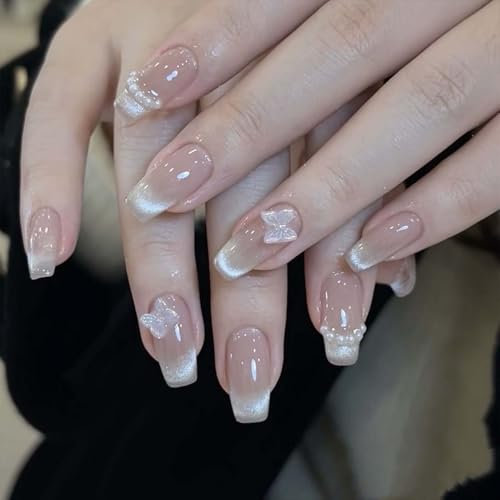 24PCS False Nails with Glue - Cat Eye French Tip False Nails - Light Pink Base with Bowknot and Pearl Decoration Design - Glossy Full Cover Press on Nails Long Lasting DIY Manicure