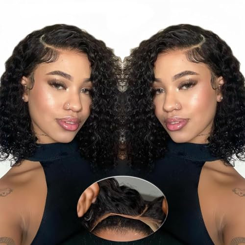 Peluca Bob Corta 4x4 de Cabello Humano - Wear and Go Sin Pegamento, Pre Cortada, 180% Densidad, Rizada, 10 Pulgadas para Mujeres Negras - Pelucas de Pelo Natural