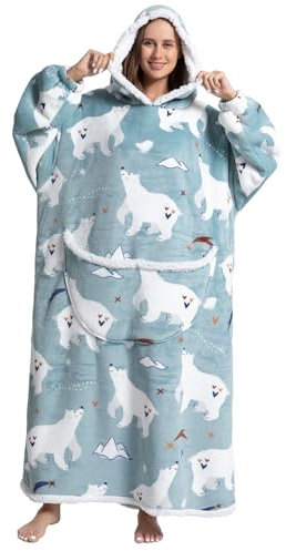 Stampdecal Extra lange Eisbär TV tragbare Decke Hoodie, übergroße Sherpa bequeme Sweatshirt für Erwachsene Frauen Mädchen, kühle Tier Kapuze Körper Snuggie für Weihnachtsgeschenke