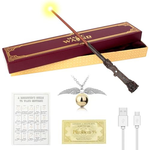 WDKXCN Varita Harry Brillante, 37CM Harry P-Otter Varita con Carga USB, Mágica Varita Harry Resplandeciente en Caja de Regalo con Tarjeta de Hechizo, Boleto de Estación y Collar