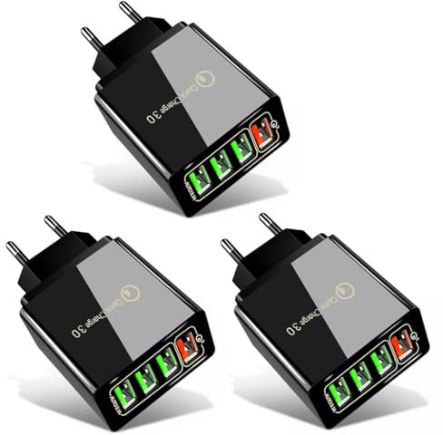 Caricatore USB a 4 porte QC 3.0, adattatore di ricarica multiplo compatibile con iPhone 15 14 13 12 11, Samsung Galaxy S24 S23 S22 S21FE (3 X nero)
